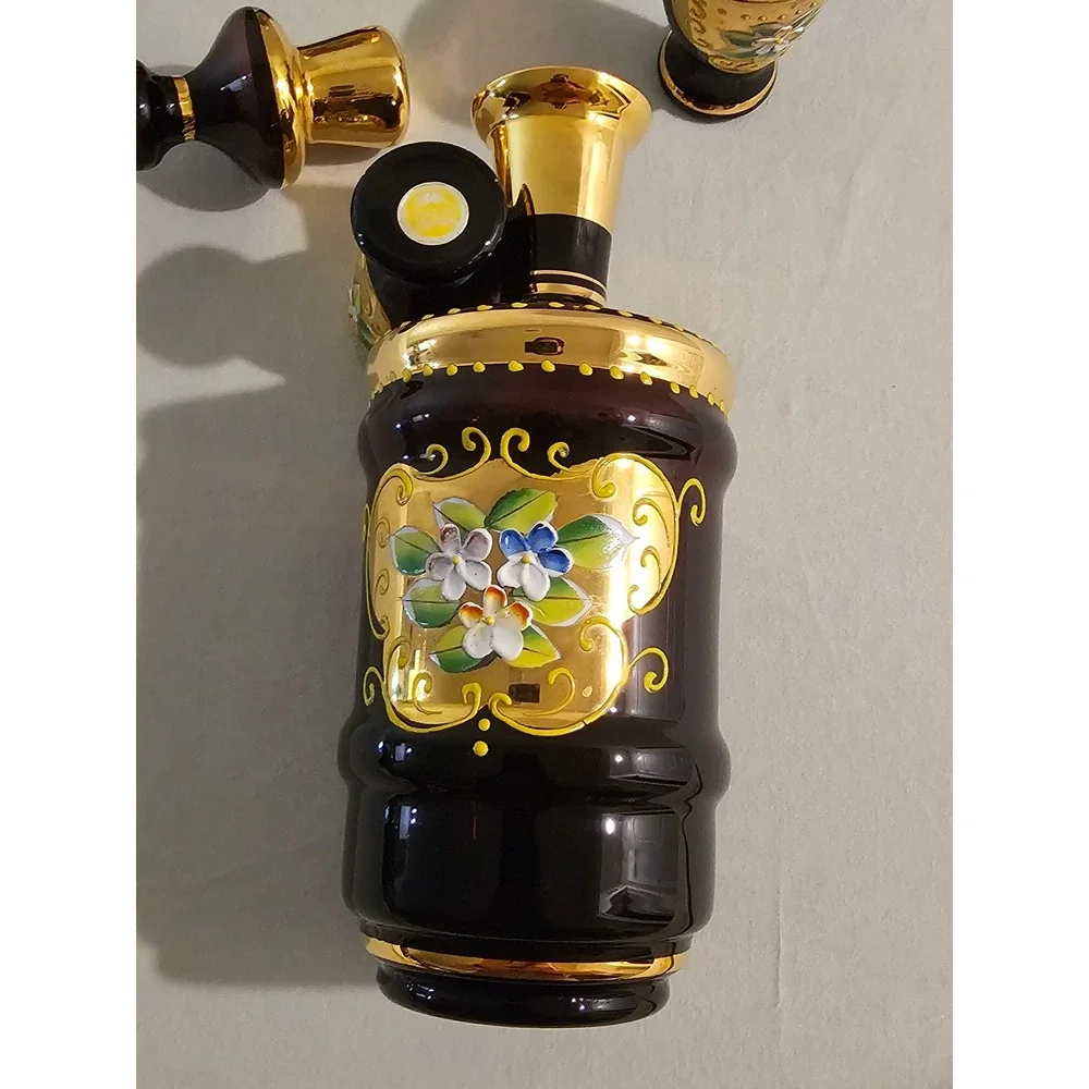 Vintage Amethyst Purple Glass Decanter Set Gold Gilt Hand Painted Floral Japan